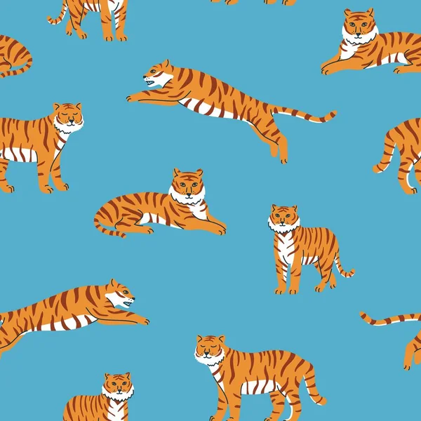 Векторний Безшовний Візерунок Милими Тиграми Синьому Фоні Циркове Видовище Тигровий — стоковий вектор