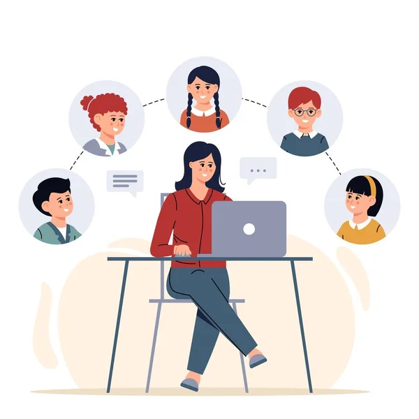 Kadın öğretmenden, online eğitimden bir şeyler öğren. Çocuklar: erkekler ve kızlar ders çalışıyor. Çocuklar uzaktan öğreniyor. Ev okulu, internet e-öğrenimi, bilgi kavramı. Vektör düzlüğü