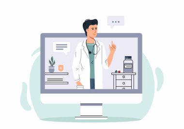 Çevrimiçi tıbbi danışmanlık, destek. Çevrimiçi doktor. Sağlık hizmetleri. Bilgisayar ekranında steteskobu olan aile doktoru. İniş sayfası şablonları için vektör illüstrasyonu.