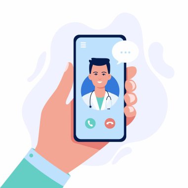 Çevrimiçi tıp konsepti vektör çizimi. Çizgi film yassı insan eli ekranda doktor karakterine video çağrısı yapan akıllı telefonu beyaz ekranda izole edilmiş mobil danışmanlık veya danışma hizmeti uygulaması kullanarak tutuyor.
