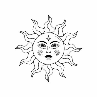 Göksel güneş ve açık gözler, stilize çizim, tarot kartı. Tasarım, logo ve dövme için mistik bir unsur. Beyaz arkaplanda izole edilmiş vektör bohem çizimi.
