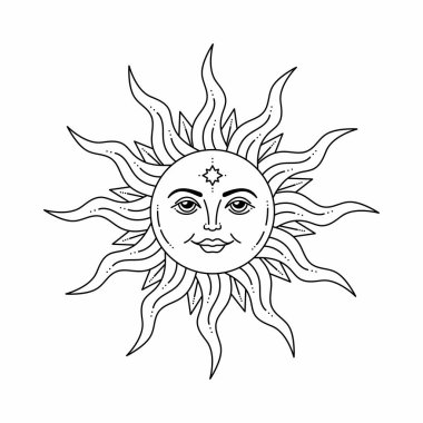 Göksel güneş ve açık gözler, stilize çizim, tarot kartı. Tasarım, logo ve dövme için mistik bir unsur. Beyaz arkaplanda izole edilmiş vektör bohem çizimi.