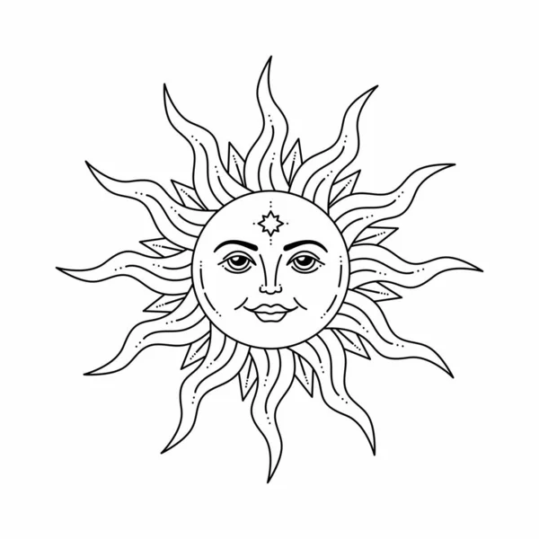 Göksel güneş ve açık gözler, stilize çizim, tarot kartı. Tasarım, logo ve dövme için mistik bir unsur. Beyaz arkaplanda izole edilmiş vektör bohem çizimi.