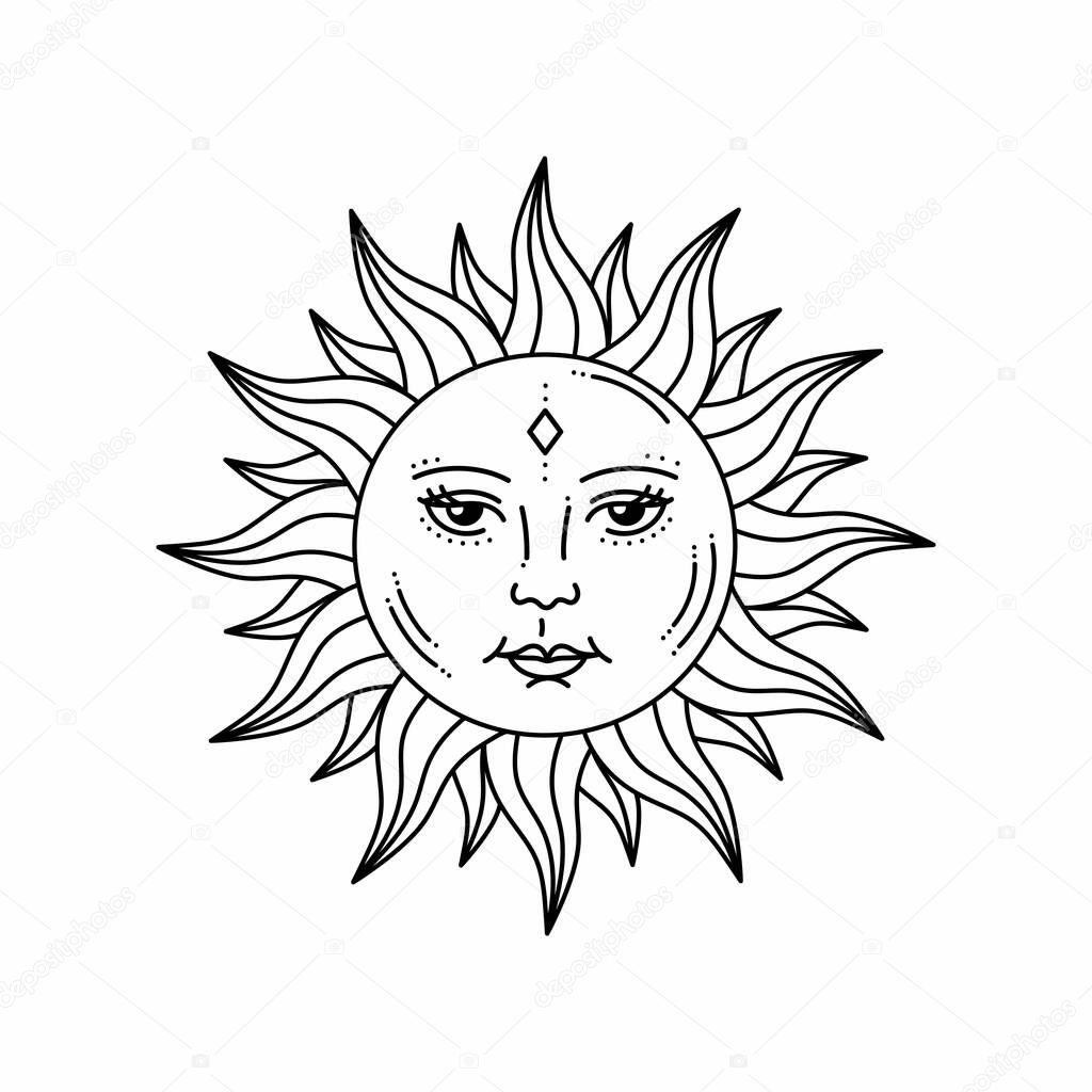 Celestial sun with face and opened eyes, stylized drawing, tarot card. Mystical element for design, logo, tattoo. Vector bohemian illustration isolated on white background.