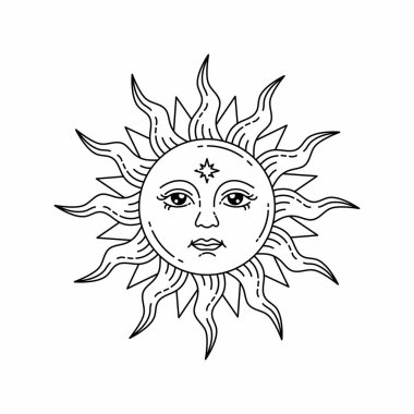 Göksel güneş yüzü ve açık gözler, stilize çizim, tarot kartı. 