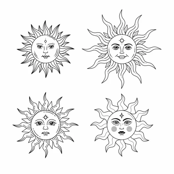 Набор Небесных Солнц Лицом Открытыми Глазами Стилизованный Рисунок Карточка Таро — стоковый вектор