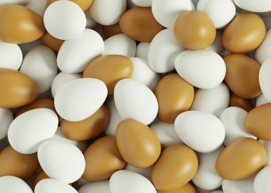 Beyaz ve kahverengi yumurtaların arka planı. Paskalya tatili. 3B görüntüleme.