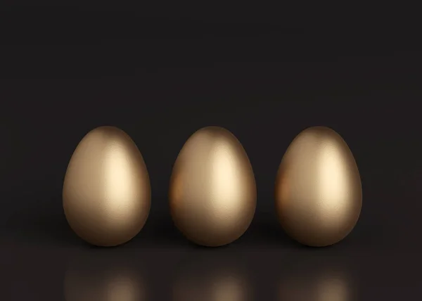 Three golden eggs on a black background. Easter holiday. 3D rendering.