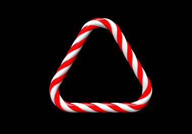 Klasik kırmızı ve beyaz çizgili Noel şekeri çerçevesi siyah arka planda izole edilmiş. Çikolata için kopya alanı olan üçgen çerçeve. 3B görüntüleme ve 3B illüstrasyon.