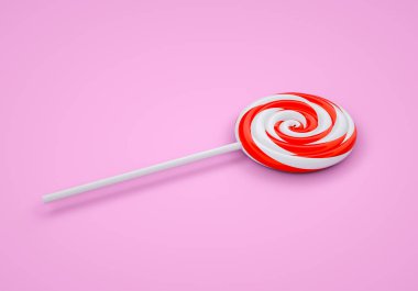 Pembe arka planda kırmızı ve beyaz lolipop. Tatlı şeker konsepti. 3B görüntüleme ve 3B illüstrasyon.