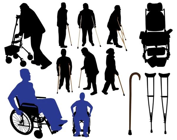 Crutches canes wheelchairs vector silhouettes — Stock Vector
