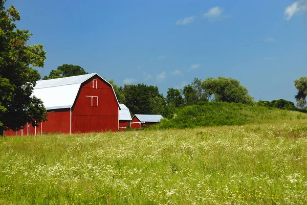 Red barn on a bright sunny day in summer in upper New York state, USA