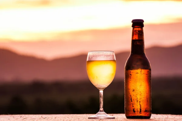 Garrafa e Copo de cerveja leve no pôr do sol Fotografia De Stock