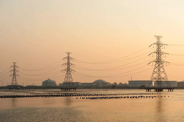 High voltage post.High-voltage tower over oil and gas tanker — Stock Photo, Image