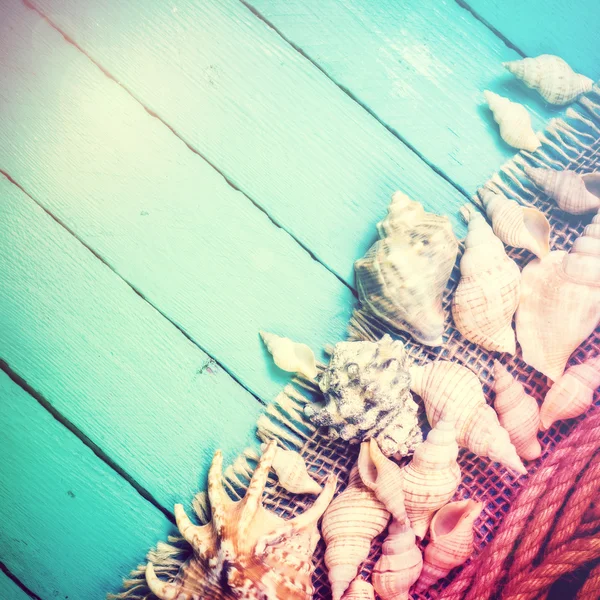 Concepto de la hora de verano con conchas marinas sobre el fondo azul de madera — Foto de Stock