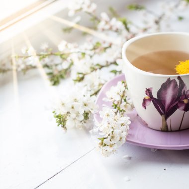 Pencere whith bahar çiçek yanında sıcak bir içecek Kupası