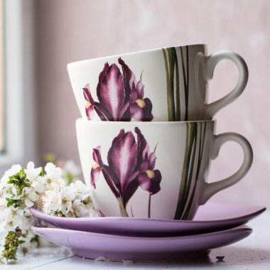  çay seti, bir buket bahar çiçek pencerenin yakınındaki