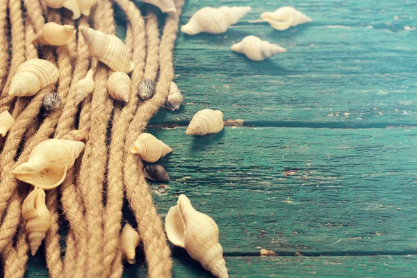 Concepto de verano con playa de arena, conchas y cordón . — Foto de Stock