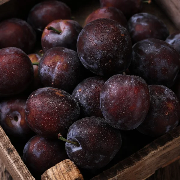 Prunes mûres sur fond vintage en bois — Photo