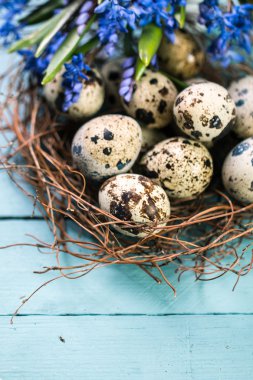 Ahşap arka plan üzerinde renkli yumurta Paskalya konseptiyle