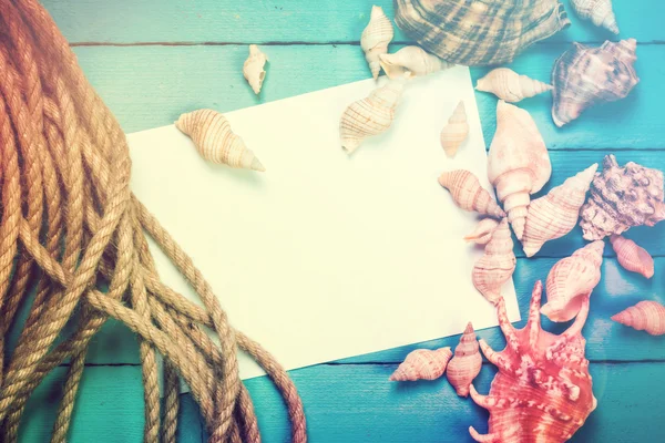 Concepto de la hora de verano con conchas marinas sobre el fondo azul de madera — Foto de Stock