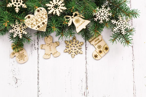 Old wood texture with snow and firtree christmas background — Stock Photo, Image