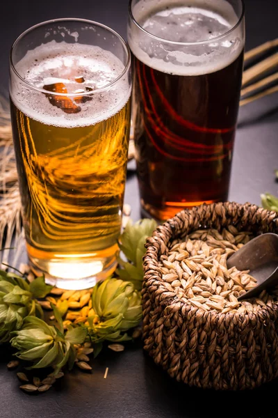 Cervezas surtidas en un vuelo listo para la degustación, filtro vintage — Foto de Stock