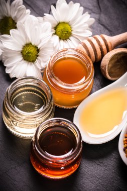 Siyah taş zemin üzerine bal ayı kavanoza tatlım 