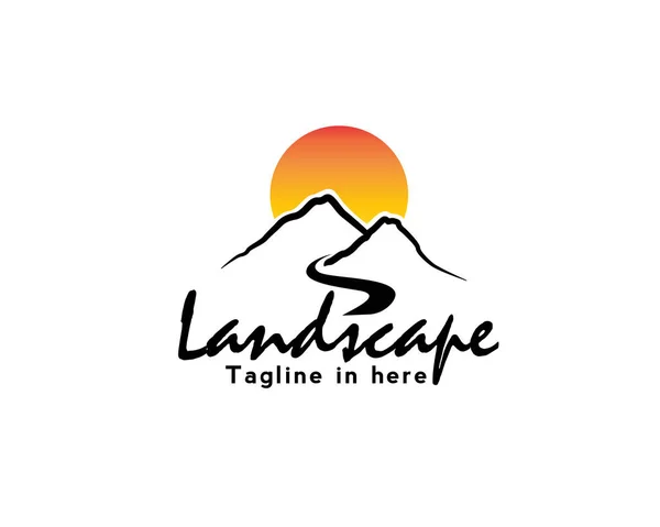 Paesaggio Montagna Disegno Arte Con Sole Logo Design Ispirazione — Vettoriale Stock