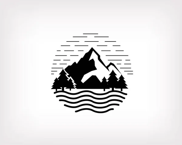 Circle Landscape Mountain Lake River Sea Black Drawing Art Logo — стоковый вектор