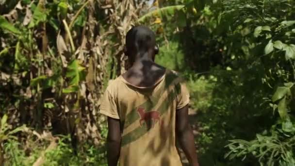 Afrikansk barn som går gjennom bushen og ned i en skitten vannkilde og samler vann – stockvideo