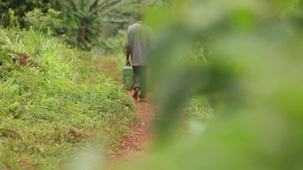 En mann som går på landsbygda med to vannbeholdere. – stockvideo