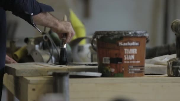Muž malování dřeva skvrn na kus dřeva — Stock video