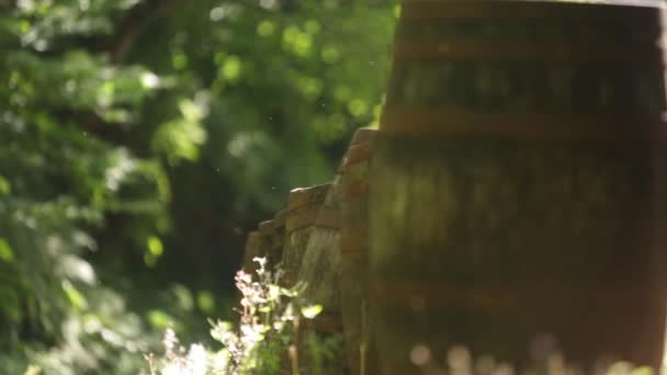 Slider shot of old rustic whisky barrels outside with nice light — Stock Video