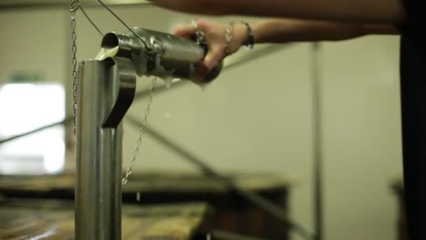 Whisky werknemer testen fermentatieproces met monster — Stockvideo