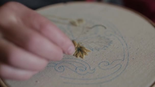 一位女士坐在椅子上的窗口制作刺绣和双线工作 — 图库视频影像
