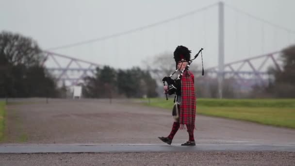 A scottish piper playing the bagpipes in traditional wear with forth road - rail bridge in the background, Edinburgh, Scotland, May 2014 — Stock Video
