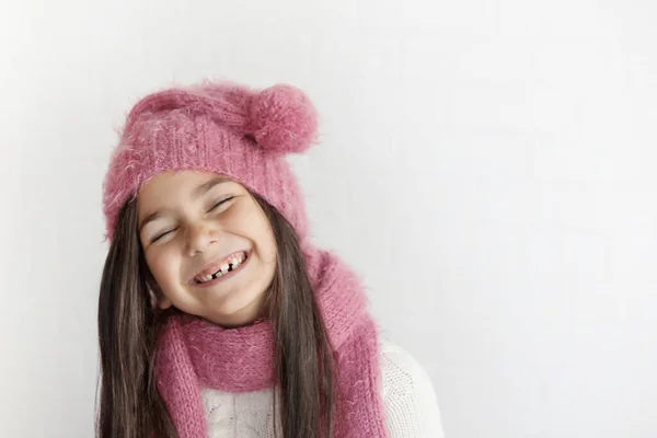 Portrait Beautiful Little Girl Pink Knitted Scarf Hat — Stock Photo, Image