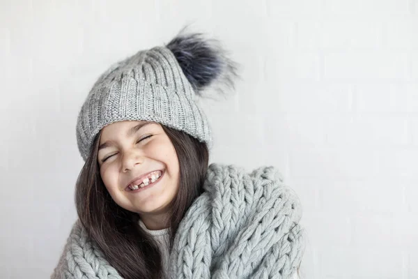 Portrait Beautiful Little Girl Knitted Scarf Hat — Stock Photo, Image