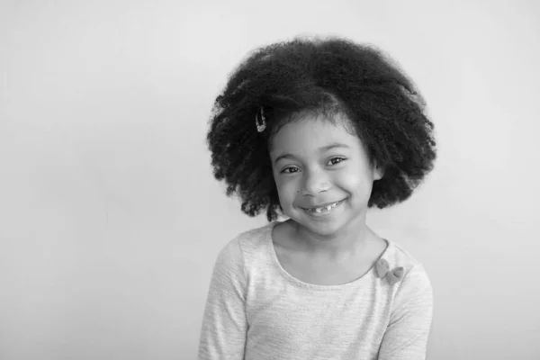 Black White Photo Smiling Little Girl Curly Hair Studio — Stock Photo, Image