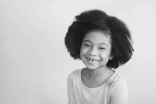 Black White Photo Smiling Little Girl Curly Hair Studio — Stock Photo, Image