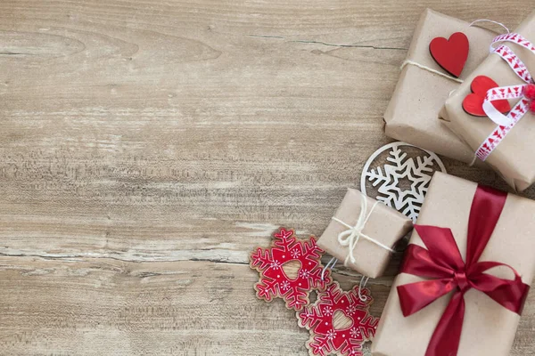 Fondo Navidad Con Cajas Regalo Con Decoraciones Navideñas Sobre Fondo —  Fotos de Stock