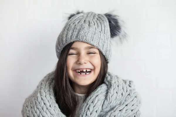 Portrait Beautiful Girl Knitted Scarf — Stock Photo, Image
