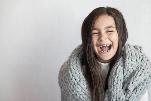 Portrait Beautiful Girl Knitted Scarf — Stock Photo, Image
