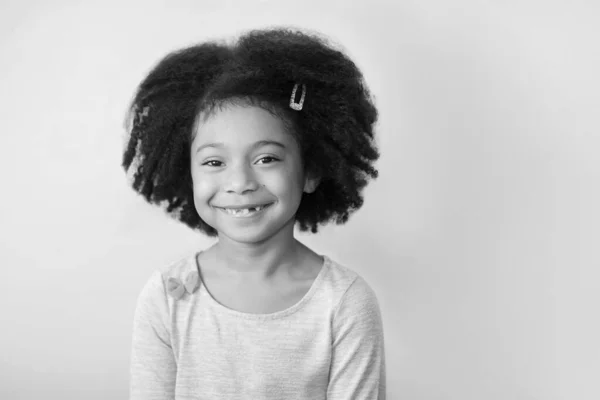 Black White Photo Smiling Little Girl Curly Hair Studio — Stock Photo, Image