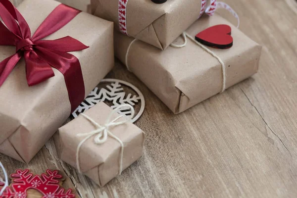 Coffrets Cadeaux Noël Sur Fond Bois Nouvel Présente — Photo