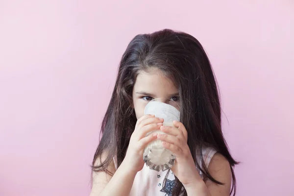 Little Smiling Girl Drinking Milk Glass — Stock Photo, Image