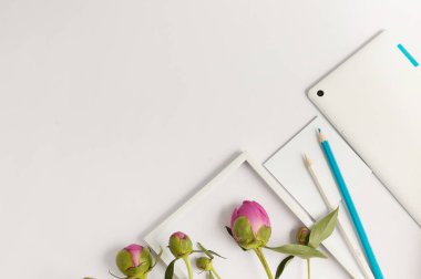 Pembe çiçeklerin üst görünümü ve beyaz arkaplandaki defter