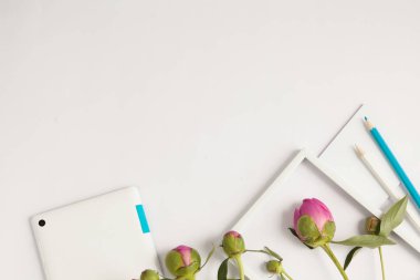 Pembe çiçeklerin üst görünümü ve beyaz arkaplandaki defter