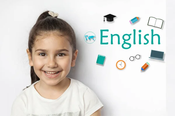 Happy Cute Girl Portrait English Language Education Concept — Photo